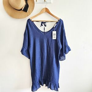 Eqouaer Ruffled Cover Up Vacation Beach Nautical Navy Blue Lightweight Dress, M